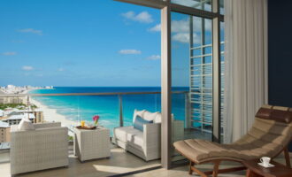 Exterior of Secrets The Vine Cancun beachfront resort in the Hotel Zone