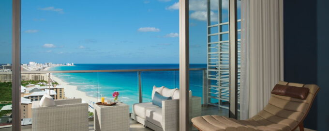 Exterior of Secrets The Vine Cancun beachfront resort in the Hotel Zone